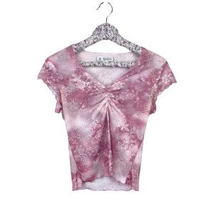 Vintage Y2K 2000’s Self Esteem Mesh Sheer Baby Top Pink Paisley Floral Ruched